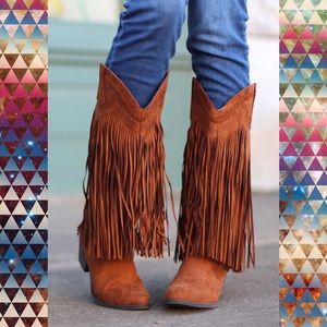Qupid Sochi Dark Rust Brown Fringe Cowboy Boots 6